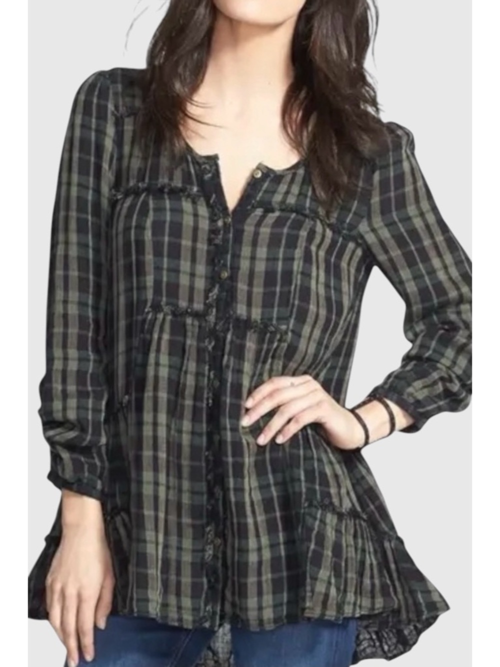 Free People Whistle While You Work Plaid Swing Tunic Top in Olive Green